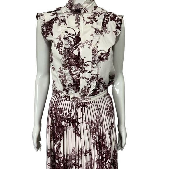 ERDEM Burgundy White Floral Printed Maxi Pleated Skirt Blouse Top Set 4 - Picture 2 of 3